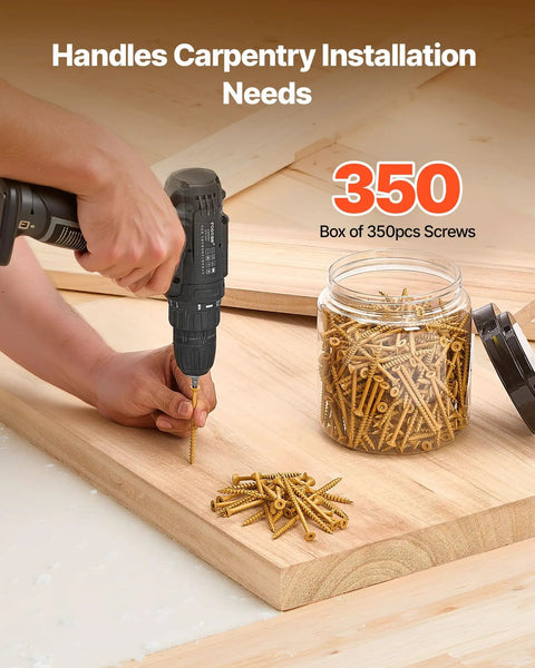 All Weather Tough Number 10 X 3 Inch Exterior Deck Screws 350 Count Pack in jar with drill and wood surface.