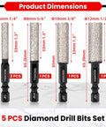 Front view of five diamond drill bits with dimensions, hex shank, for tile and stone drilling. Includes 1/4 to 1/2 inch sizes.