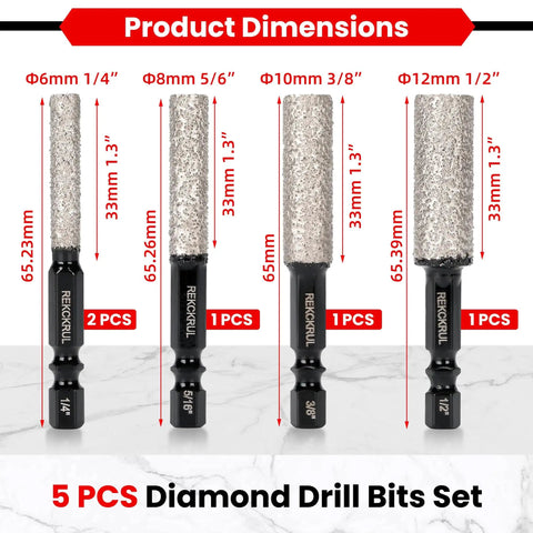 Front view of five diamond drill bits with dimensions, hex shank, for tile and stone drilling. Includes 1/4 to 1/2 inch sizes.