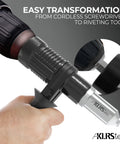 Heavy Duty Rivet Gun Adapter For Drill transforms cordless screwdriver to riveter, showcasing the ergonomic grip and attachment.