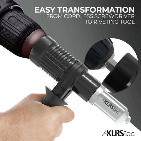 Heavy Duty Rivet Gun Adapter For Drill transforms cordless screwdriver to riveter, showcasing the ergonomic grip and attachment.