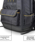 Close-up of 35-Pocket Solid Molded Base Heavy-Duty Tool Backpack With Waterproof Reinforced Bottom showing large front pouch.