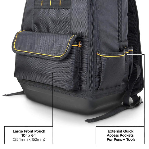 Close-up of 35-Pocket Solid Molded Base Heavy-Duty Tool Backpack With Waterproof Reinforced Bottom showing large front pouch.