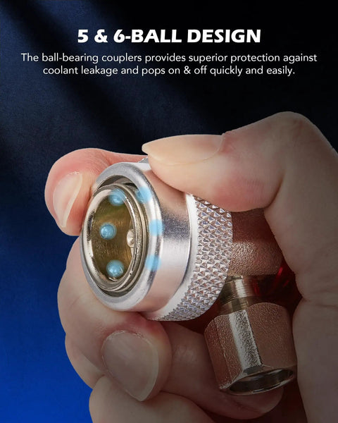 R134a Quick Coupler Adapters Two Pack With High Low Pressure Connectors, 1/4 Inch Port Fit, Snap Lock Knurled Grip For Easy Install And Quick Refrigerant Servicing, close-up