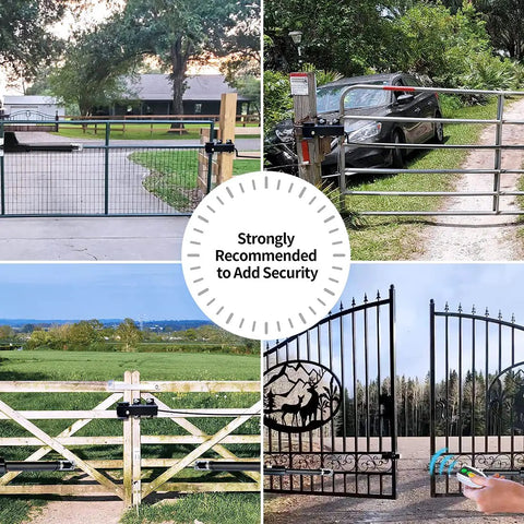 Collage of swing gates with ET24 Electric Gate Lock For DC 24V Swing Gates With Automatic Locking No Fuss Heavy Duty Security Gate Lock