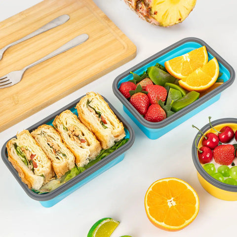 Collapsible Silicone Food Storage Set With Lid And Air Vent For On The Go, Foldable Lunch Containers, with fruit and sandwiches