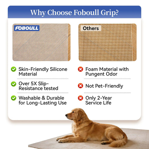 Comparative analysis showing Rug Pad Gripper 5X Non Slip Power Grip vs others with dog on pad.