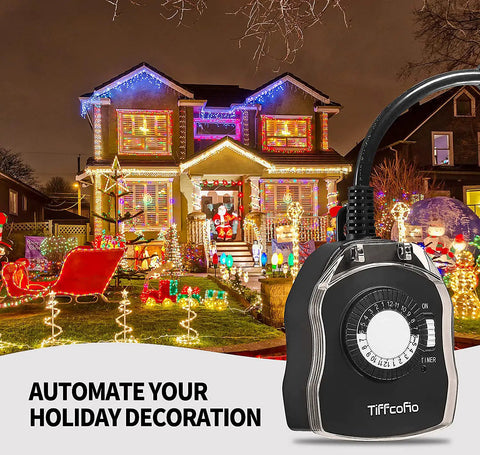 Dual Grounded Outdoor Timer Outlet With 24 Hour Mechanical Dial And Repeating On Off Schedule controlling holiday lights