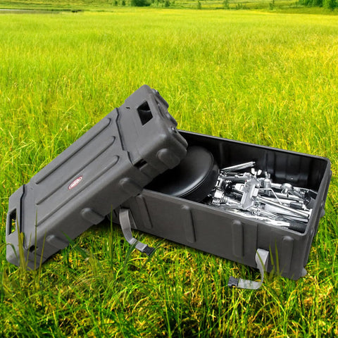 Smooth Ride Mid Size Drum Hardware Case With Roll Along Wheels And Easy Grip Pull Handle For No Sweat Gig Moves Heavy Duty Molded Shell open with tools inside.