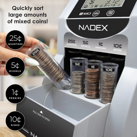 Heavy Duty Automatic Digital Coin Counter Bankroll Wrapper Separates Pennies Dimes Nickels Quarters Smoothly with clear LCD display.
