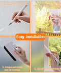 4 Piece Window Film Kit For Privacy And Tinting Easy Peasy Install On Glass And Car Windows Includes Felt Squeegee Detachable Knife With Extra Blade And 100ml Spray Bottle showing easy installation steps.