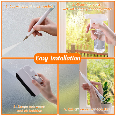 4 Piece Window Film Kit For Privacy And Tinting Easy Peasy Install On Glass And Car Windows Includes Felt Squeegee Detachable Knife With Extra Blade And 100ml Spray Bottle showing easy installation steps.