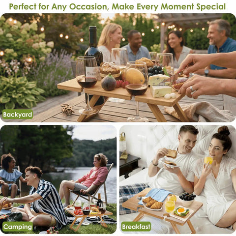 Portable Wine Picnic Table With Five Glass Holders Foldable Snack Tray For Cheese And Charcuterie in outdoor setting