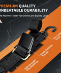 Heavy Duty Boat Trailer Transom Tie Down Straps 1200 Lbs Capacity, 2 Inch By 4 Foot Adjustable Marine Straps shown with buckle.