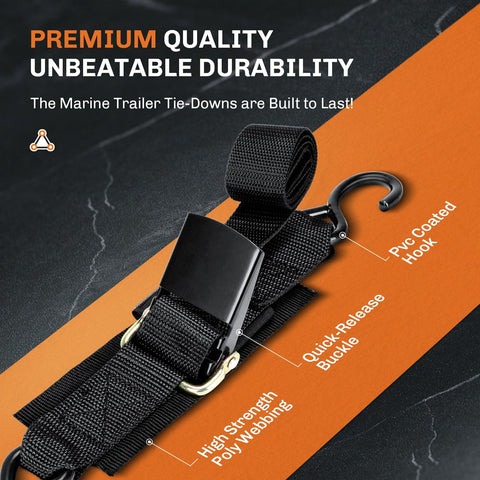Heavy Duty Boat Trailer Transom Tie Down Straps 1200 Lbs Capacity, 2 Inch By 4 Foot Adjustable Marine Straps shown with buckle.