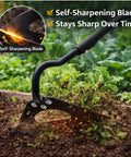 Heavy Duty Garden Weeding Tool With Hollow Blade And 58 Inch Adjustable Handle showing self-sharpening blade in use