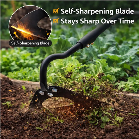 Heavy Duty Garden Weeding Tool With Hollow Blade And 58 Inch Adjustable Handle showing self-sharpening blade in use
