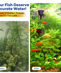 Before and after aquarium water quality comparison showing healthy fish and plants with Complete Aquarium Water Test Strips Kit.