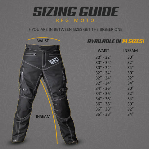 Mens Waterproof Motorcycle Pants with CE Armor and Ventilation Zippers Badass Tactical Cordura Adventure Riding Gear Rainproof Windproof Touring Pants Black sizing guide with available sizes.
