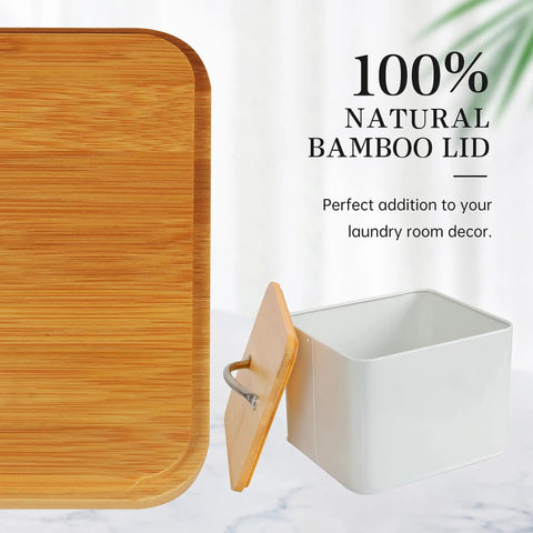 Farmhouse Laundry Organizer And Storage Box With Bamboo Lid Dryer Sheet Holder Laundry Room Essentials With Open Box Detail