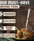 11-inch stainless steel meat carving fork with a solid metal handle, angled view piercing a roasted turkey
