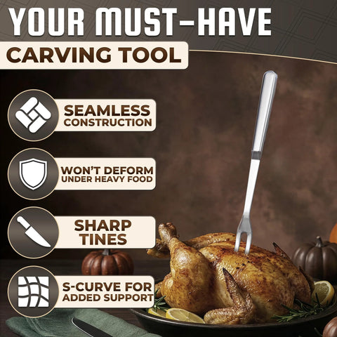 11-inch stainless steel meat carving fork with a solid metal handle, angled view piercing a roasted turkey