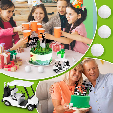 21 Piece Golf Cake Decorations Kit Featuring Mini Golf Cart Toy Acrylic Flags And Lush Green Trees for a festive golfer birthday party.
