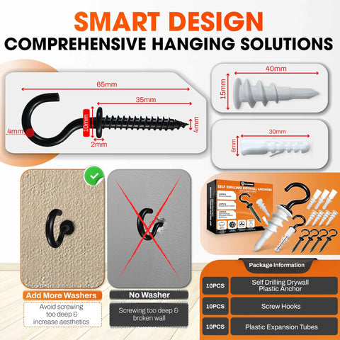 Heavy Duty Screw Hooks With Self Drilling Drywall Anchors Kit, 10 Pack With Plastic Expansion Tubes, hanging solutions illustration