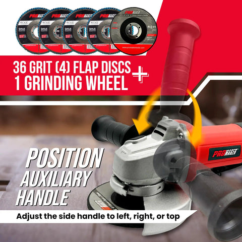 Powerful 9 Amp Four And A Half Inch Angle Grinder With Paddle Switch 12000 RPM Adjustable Guard Includes Grinding Wheel Flap Discs