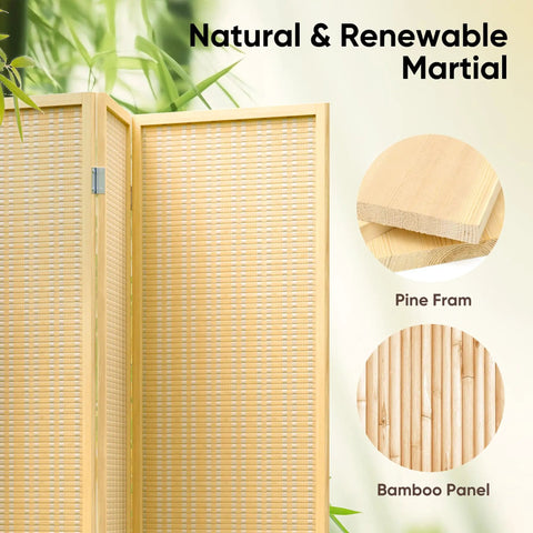 4 Panel Folding Bamboo Room Divider Privacy Screen Freestanding Wall Separator, 6 Feet Tall Beige with pine frame and bamboo panel