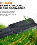 Close-up of a 2-in-1 mower blade on grass, used for efficient bagging and side discharge, suited for tall or wet grass.