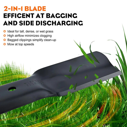 Close-up of a 2-in-1 mower blade on grass, used for efficient bagging and side discharge, suited for tall or wet grass.