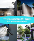 Ultra Bright Outdoor Solar Street Light With Dusk To Dawn Sensor, showing wall and pole mount options for diverse setups.