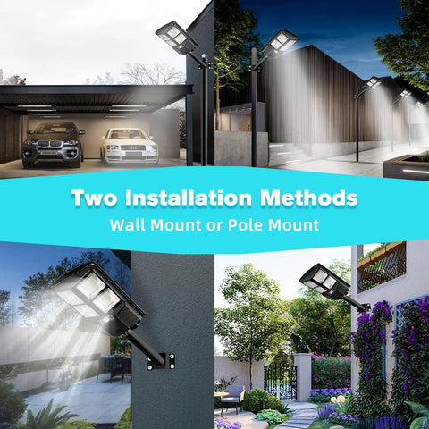 Ultra Bright Outdoor Solar Street Light With Dusk To Dawn Sensor, showing wall and pole mount options for diverse setups.