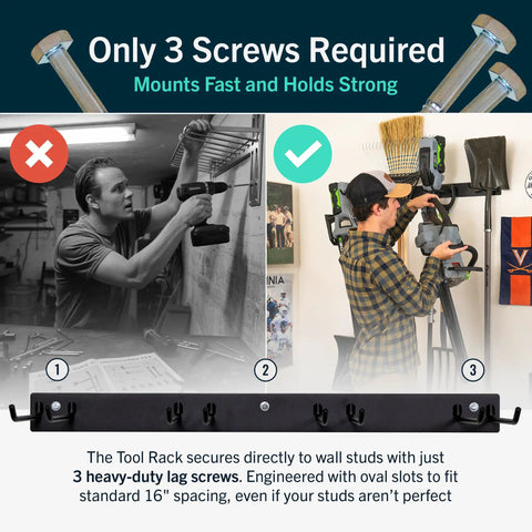 Beefy 72 Inch Wall Mount Tool Organizer Rack Set With 2 Fixed 36 Inch Rails And 8 PVC Coated Hooks installation overview