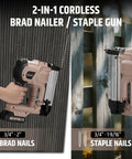 Real Badass Cordless 2 In 1 Brad Nailer And Stapler 18 Gauge with nails visible, used for carpentry and repairs.