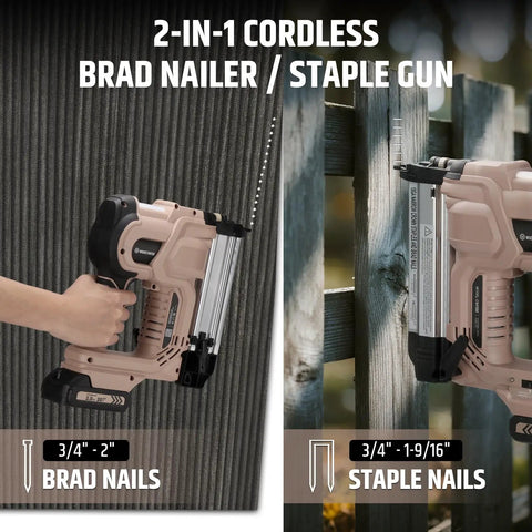 Real Badass Cordless 2 In 1 Brad Nailer And Stapler 18 Gauge with nails visible, used for carpentry and repairs.