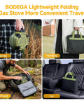 Carrying a Dual Burner Portable Camping Stove With 20K BTU, Foldable Propane Cooker, using handle, backpack, handbag, car seat