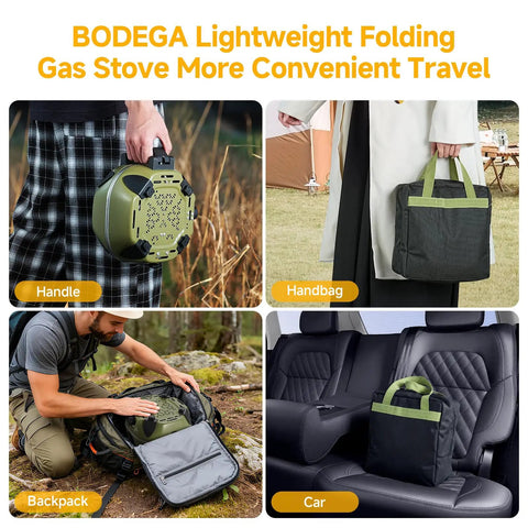 Carrying a Dual Burner Portable Camping Stove With 20K BTU, Foldable Propane Cooker, using handle, backpack, handbag, car seat