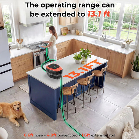 Heavy Duty 2500W Steam Cleaner With 1.9 Quart Tank And Four Bar High Pressure reaching 13.1 ft in a modern kitchen setup.