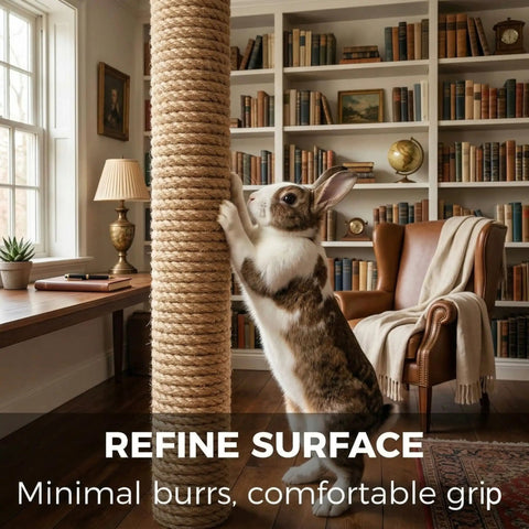 Heavy Duty Half Inch Jute Rope 25 Feet For DIY Cat Scratching Posts Hammocks Nautical Decor And Home Projects Tight Four Strand Twist Strong 880 Lb Working Load wrapped around a post with rabbit nearby in a cozy study room.