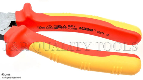 Heavy Duty Insulated Electrician Pliers And Wire Stripper Tools Three Piece Pro Level Toolkit With Genuine 1000 Volt Safety Rating. 180mm pliers with red and yellow handles.