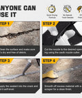 Instruction steps for using Your Go To Self Leveling Cement And Concrete Crack Filler For Driveways Patios And Walkways With Oil Based Waterproof Quick Dry Repair Sealant For Garage Floors Foundations Basements And More In Gray, showing surface cleaning, nozzle cutting, sealant application, and smoothing steps.