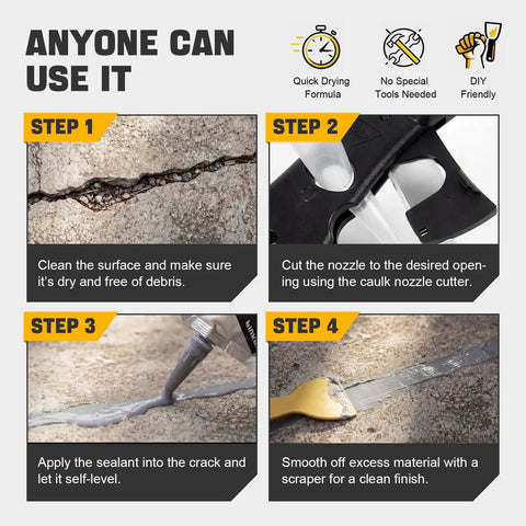 Instruction steps for using Your Go To Self Leveling Cement And Concrete Crack Filler For Driveways Patios And Walkways With Oil Based Waterproof Quick Dry Repair Sealant For Garage Floors Foundations Basements And More In Gray, showing surface cleaning, nozzle cutting, sealant application, and smoothing steps.