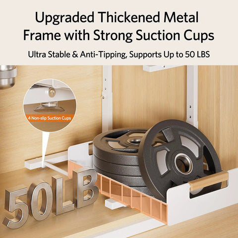 Sleek Two Tier Pull Out Under Sink Organizer For Kitchen Cabinets, Ultra Smooth Glide Storage Rack With Anti Tip Stops, Supports 50 LBS with suction cups.