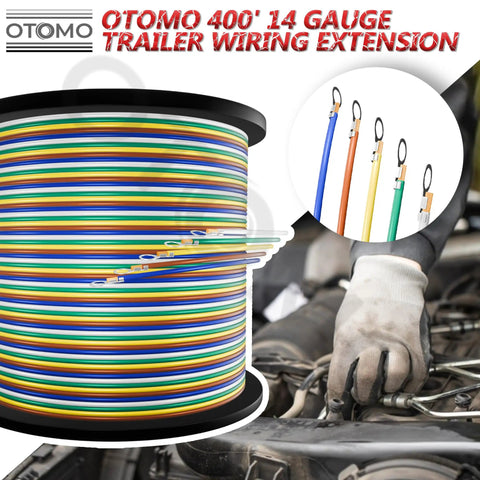 Beefed Up 400 Foot 14 Gauge Five Way Trailer Wire CCA Bonded Extension Cable Color Coded Primary Wire Spools For Trailer RV Camper Towing SAE J1128 Harness Green Yellow Brown White Blue visible with a mechanic's hand working in an engine bay.