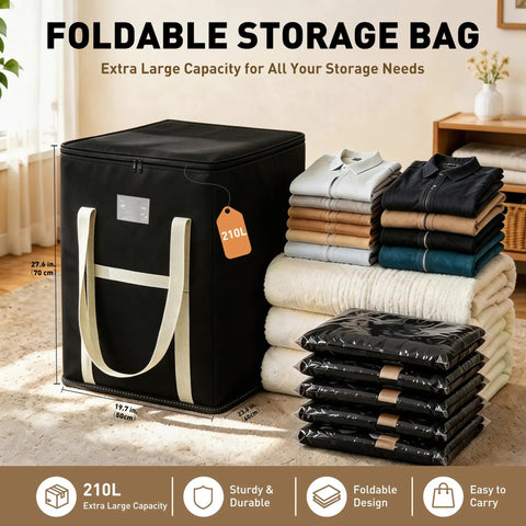 Extra Large Black Storage Bins With Heavy Duty Zipper, Foldable Fabric Bags For Clothes Blankets Comforters Pillows And Toys, Spacious 210 Liter Closet Organizers To Keep Your Gear Neat And Beat The Clutter.