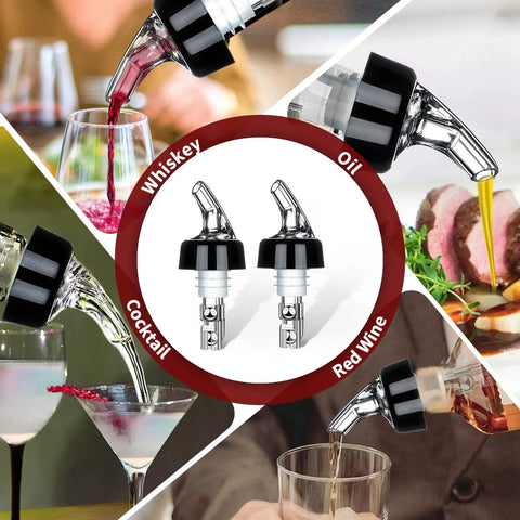 Automatic Measured Bottle Pourer For Party Ready Drinks Quick Shot Spirit Measure 1 Ounce 30 Milliliters Per Pour Durable Virgin Plastic Fits Most Bottles No Collar Design Reduces Waste Ideal Home Bar Tools 4 Pack, angled in use