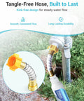 Flexible hose protector connecting inline water filter for car washing and yard cleaning, reduces hard water spots.