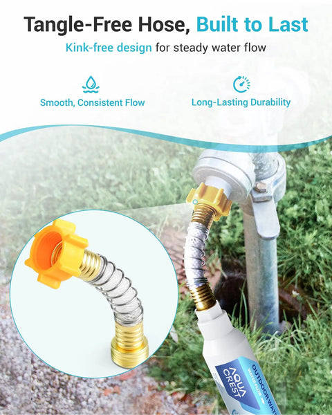 Flexible hose protector connecting inline water filter for car washing and yard cleaning, reduces hard water spots.